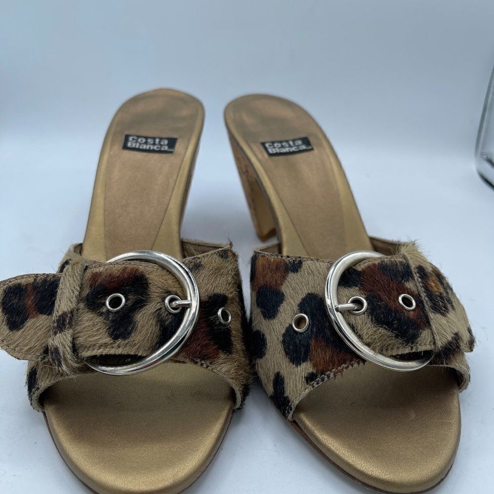 Costa Blanca Animal Print Buckle Open Toe Wooden Heel Shoe 5.5 - Picture 2 of 10